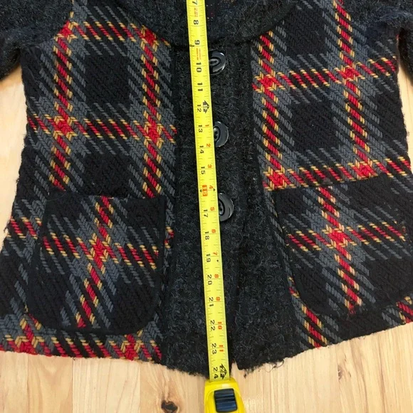 Coco+Carmen Women’s Grey Wool Blend Plaid V-Neck Cardigan Sweater Jacket Sz S/M - Picture 7 of 10